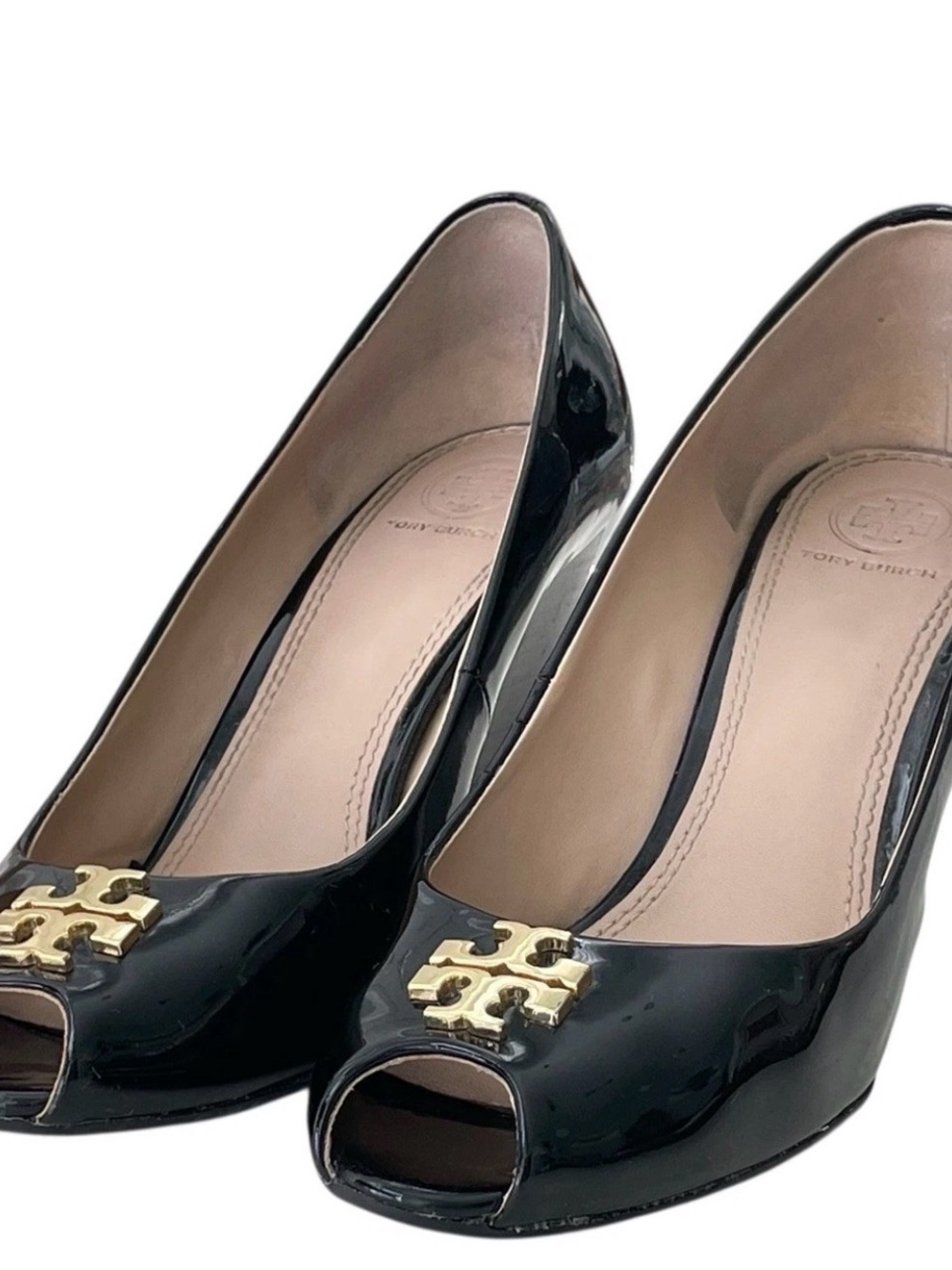 Tory Burch Black Patent Leather Peep-Toe Wedge with Gold Logo - Picture 3 of 15